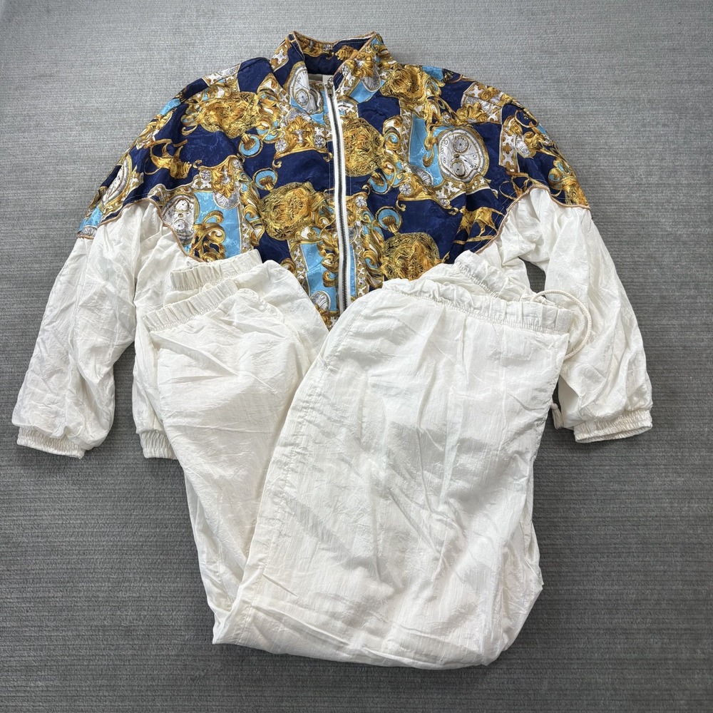 Vintage 90s Tracksuit Womens Large White Baroque Print Windbreaker Jacket Pants